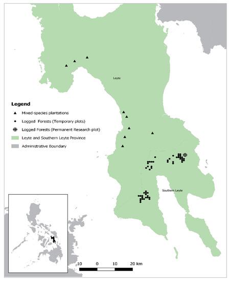 Map of Leyte Province showing PFEF research plots and restoration sites